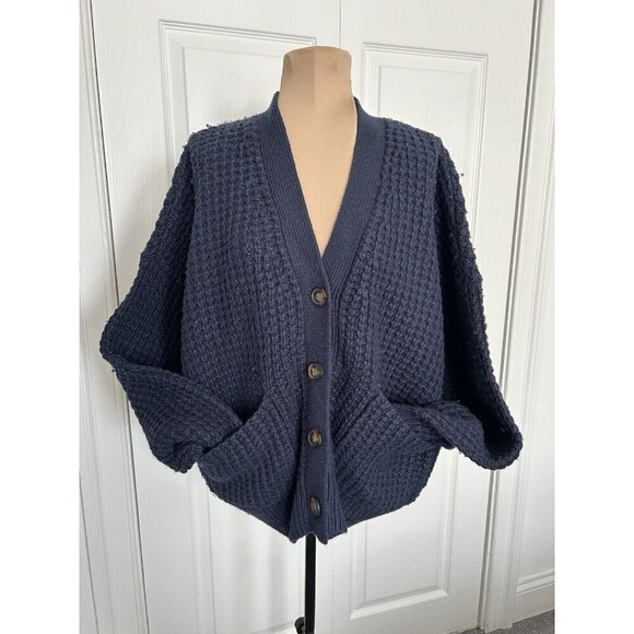 Madewell LouLou Waffle Knit V-Neck Cardigan in Indigo Blue Size L #NO060 - Picture 1 of 11